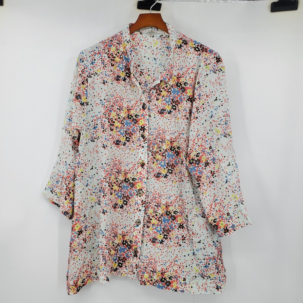 Haldora Rhinebeck NY Floral Confetti Button Up Tunic Top One Size Pockets Art